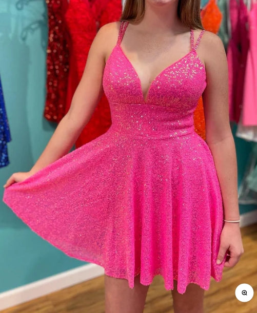 Luolandi A-Line Double Straps Sequins Homecoming Dress Hot Pink Sparkly Party Dress